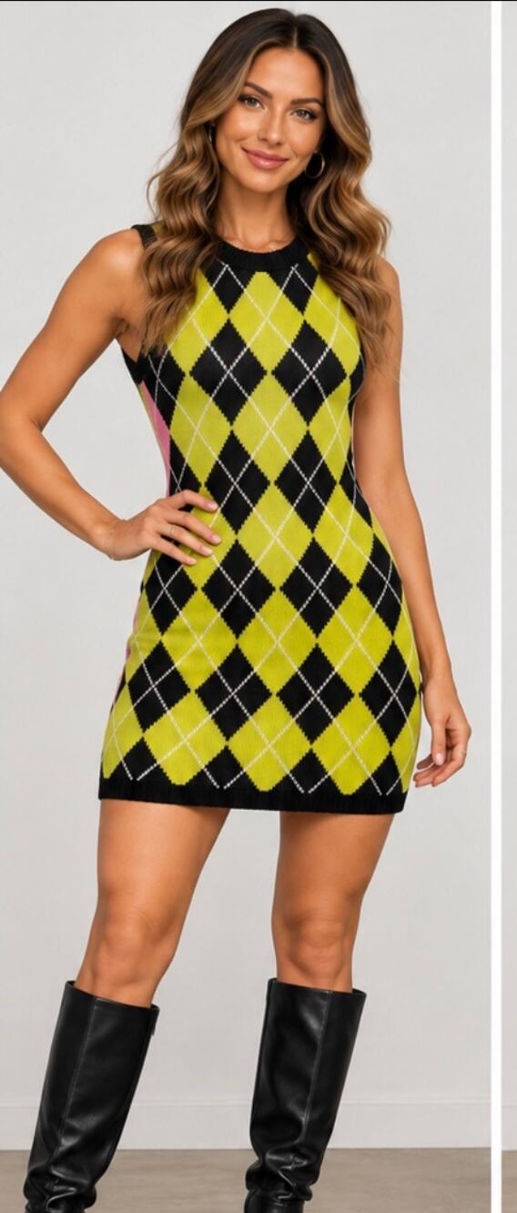The Ragged Priest Merit Argyle Sweater Mini Dress Pink Green Black small ptp 17”